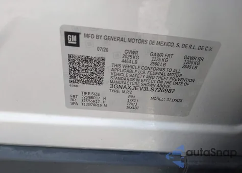 2020 Chevrolet Equinox Fwd 2Fl из США, поврежденный, VIN 3GNAXJEV3LS720987